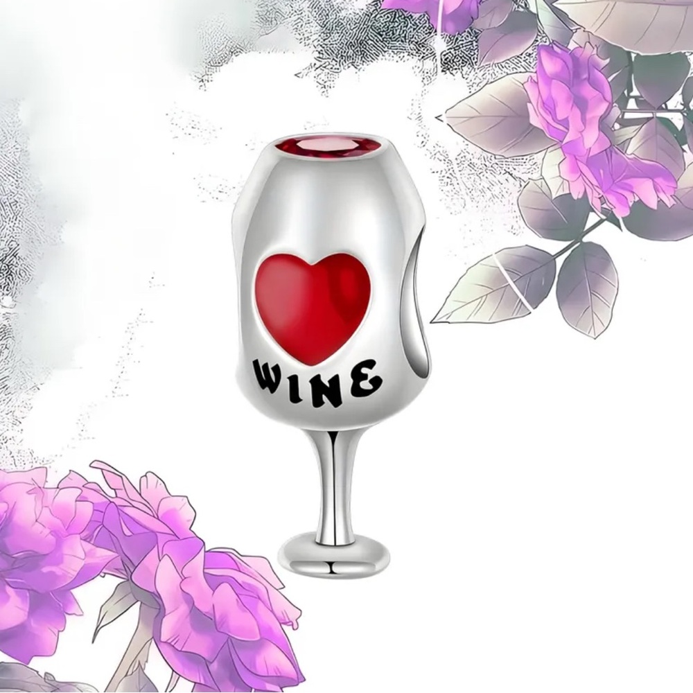 Silver Wine Glass Charm with Red Heart